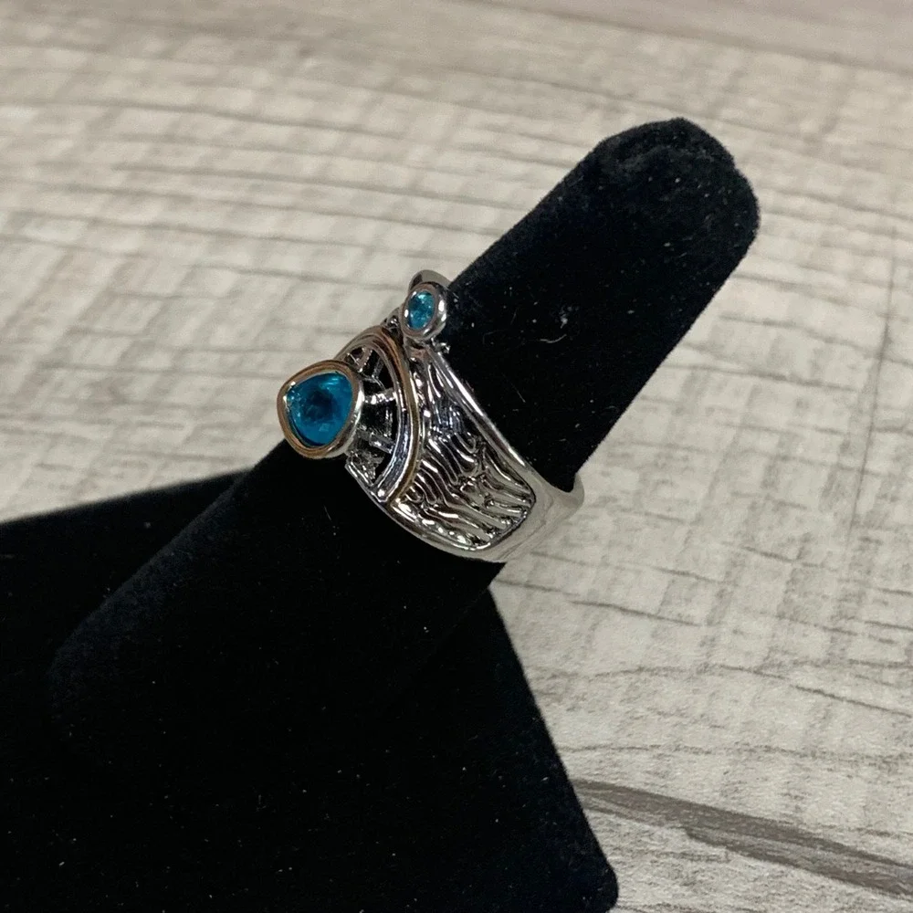 Blue Pear Stone Textured Wide Band Ring Silver Gold Tone Statement Size 7.5